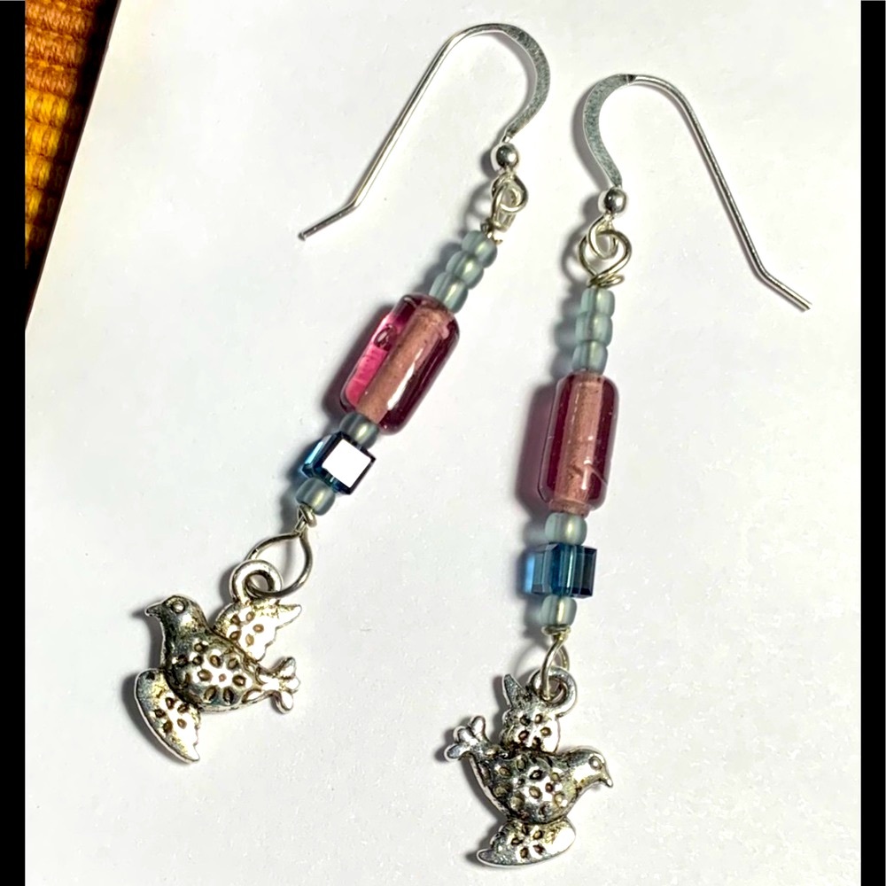Silver Bird Earrings with Gray & Mauve